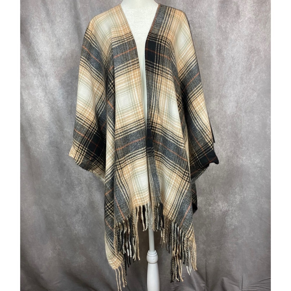 Lucky Brand Plaid Poncho Wrap Tan Black Fringe Trim 7WPK4015 New OS